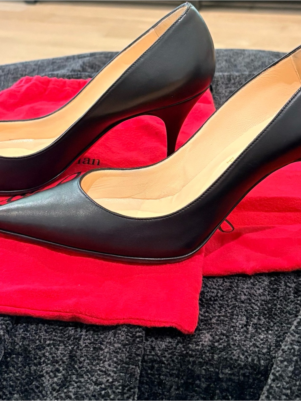 Christian Louboutin Black Leather Pointed-Toe Pumps with Red Dustbag